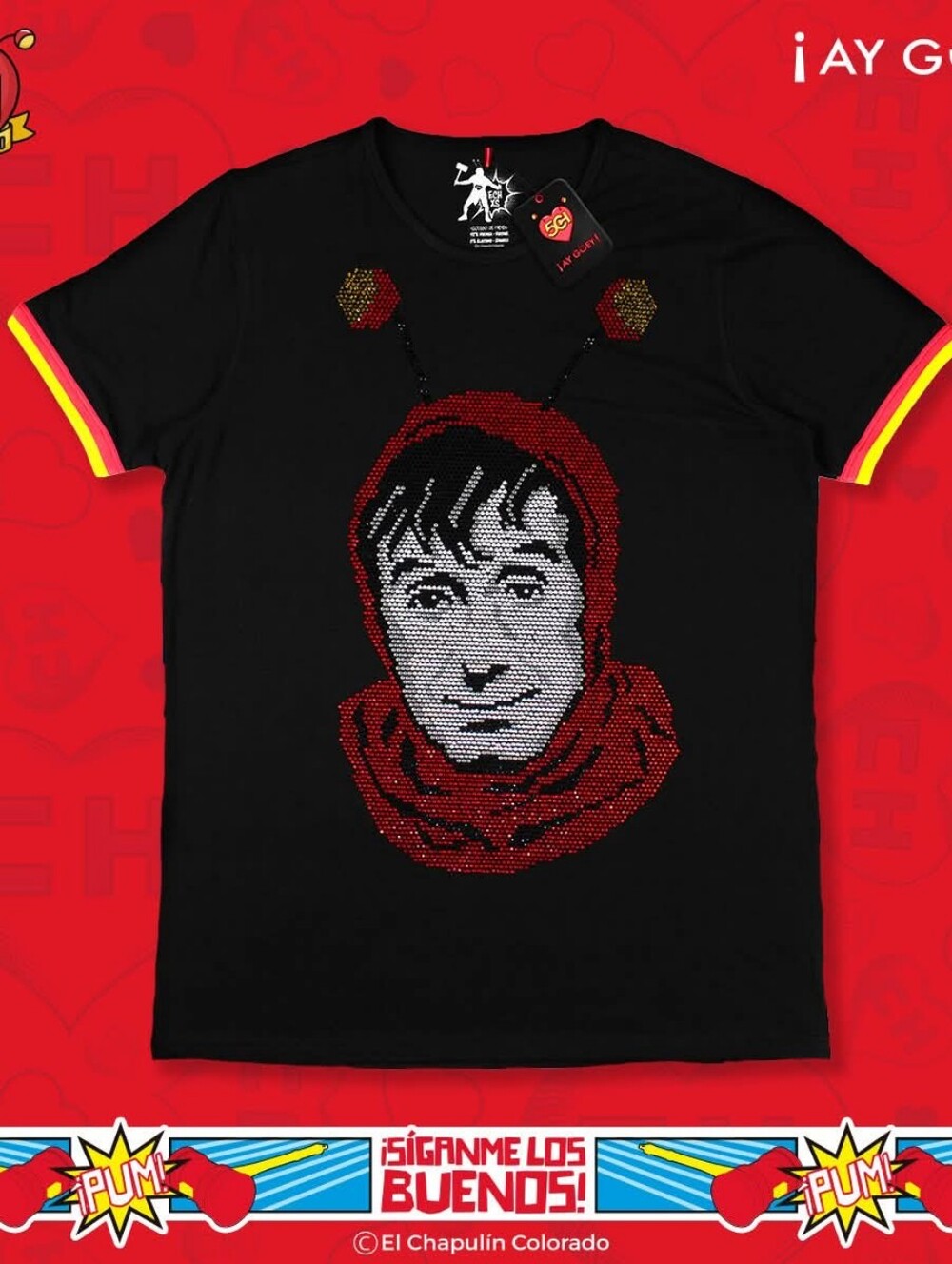 ¡Ay Güey! t-shirt features a sparkling El Chapulín Colorado graphic design
